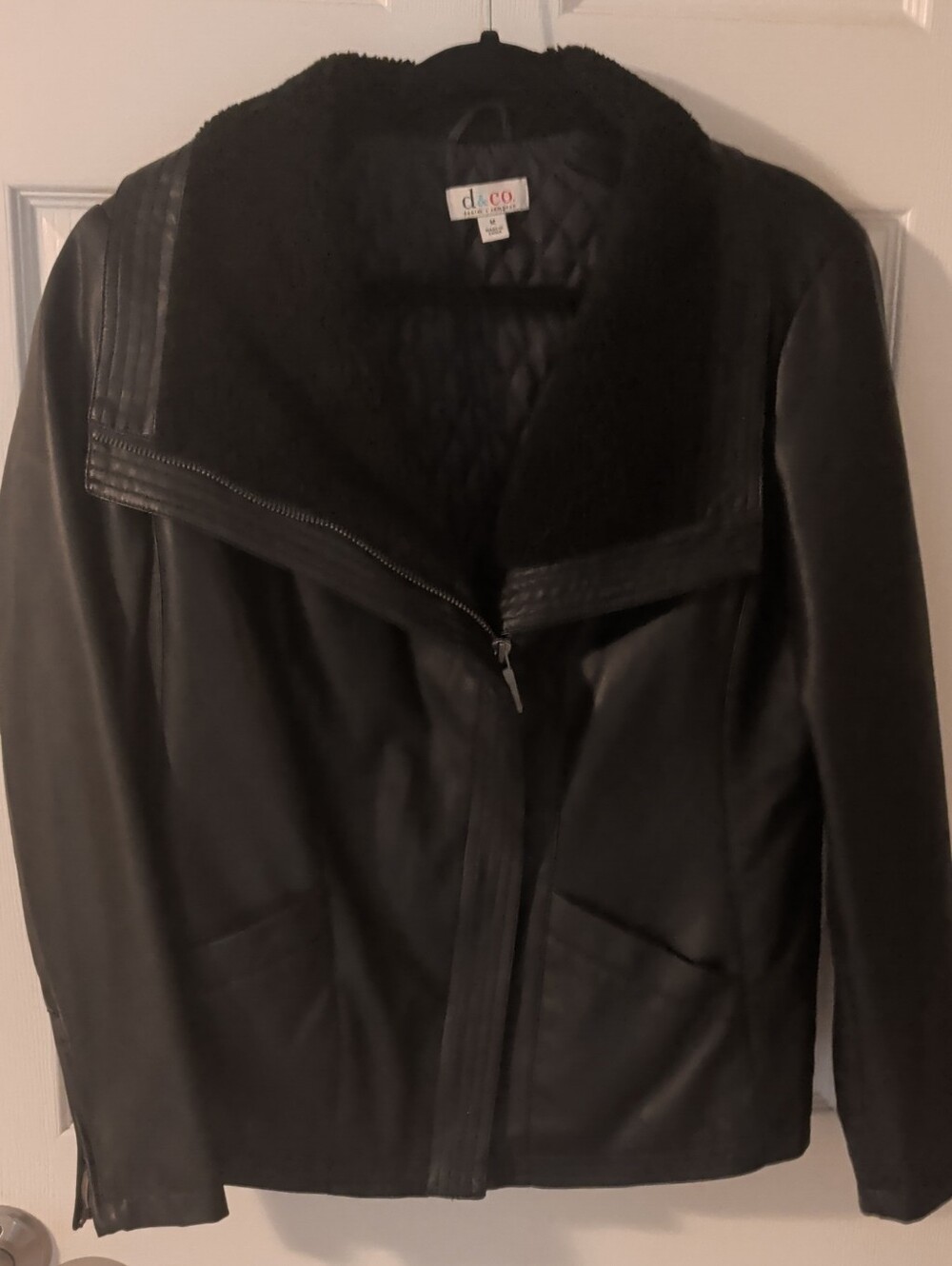 Denim&Co Black Faux Leather Jacket with Sherpa Trim, Quilted Lining.